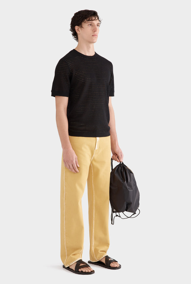 Linen Raw Edge Detail Knit T-Shirt - Black