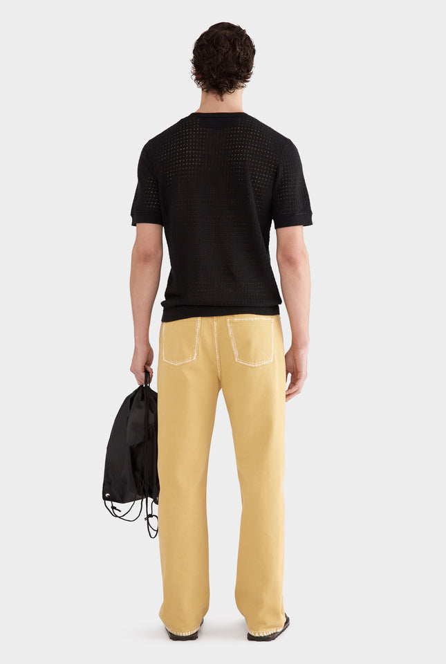 Linen Raw Edge Detail Knit T-Shirt - Black