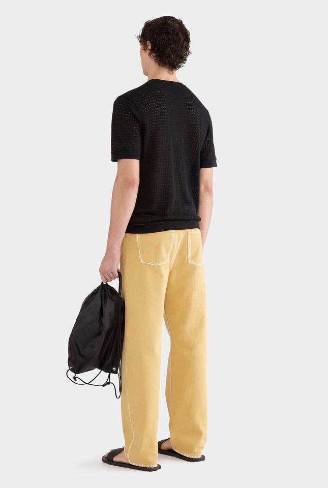 Linen Raw Edge Detail Knit T-Shirt - Black
