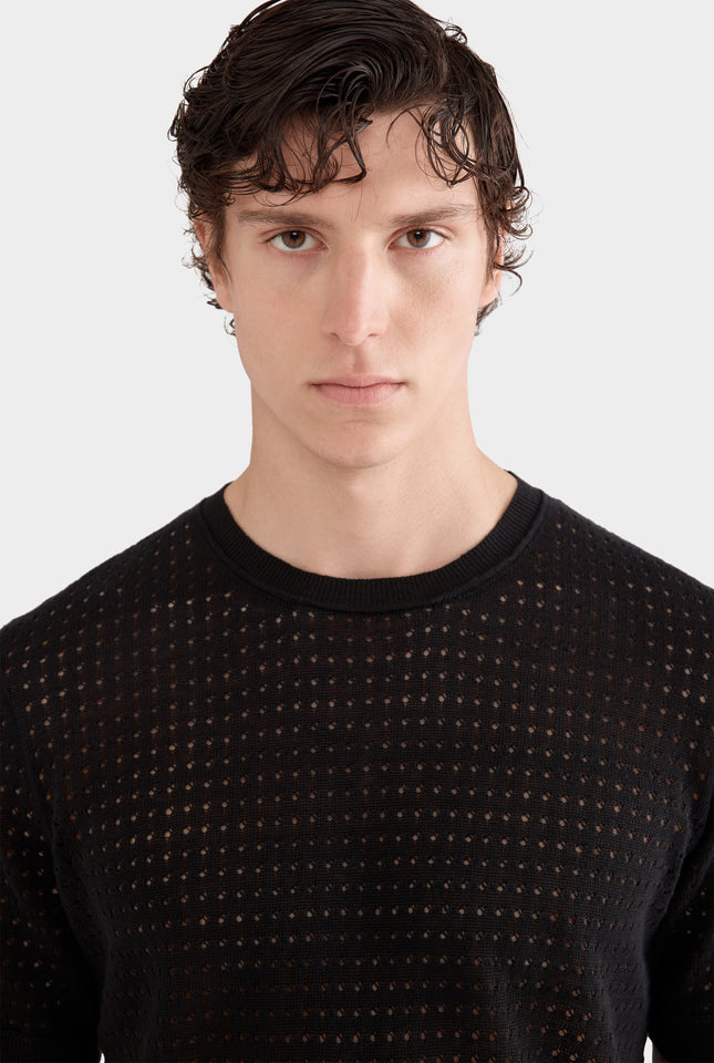 Linen Raw Edge Detail Knit T-Shirt - Black