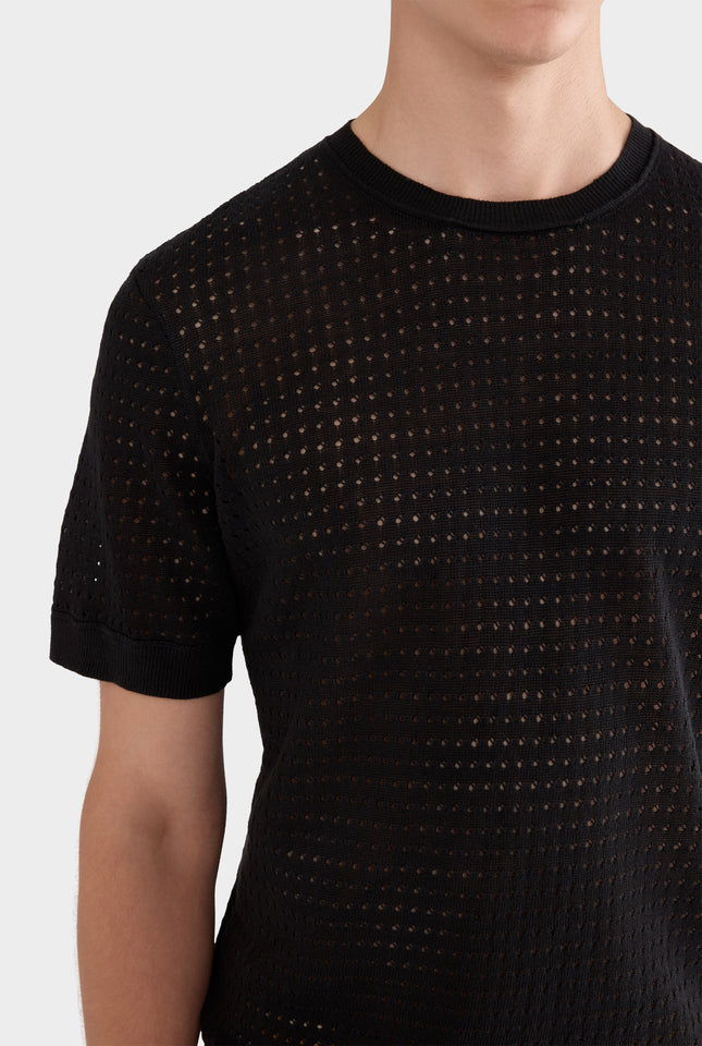 Linen Raw Edge Detail Knit T-Shirt - Black