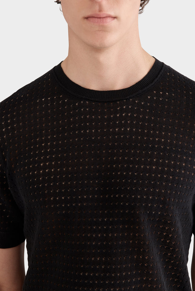 Linen Raw Edge Detail Knit T-Shirt - Black