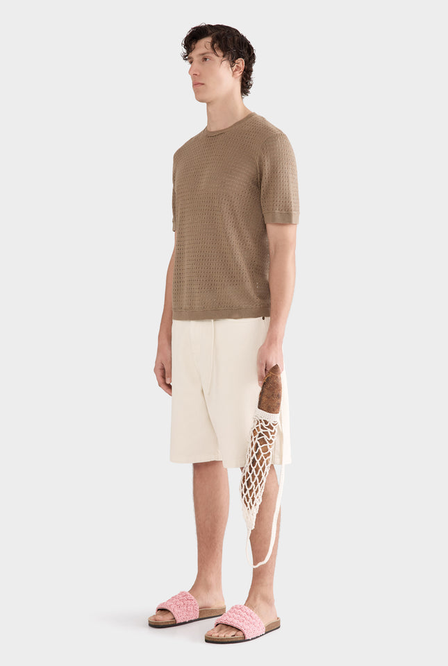 Linen Raw Edge Detail Knit T-Shirt - Sepia