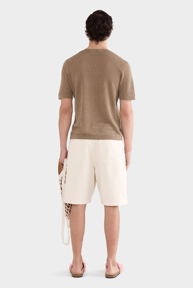 Linen Raw Edge Detail Knit T-Shirt - Sepia