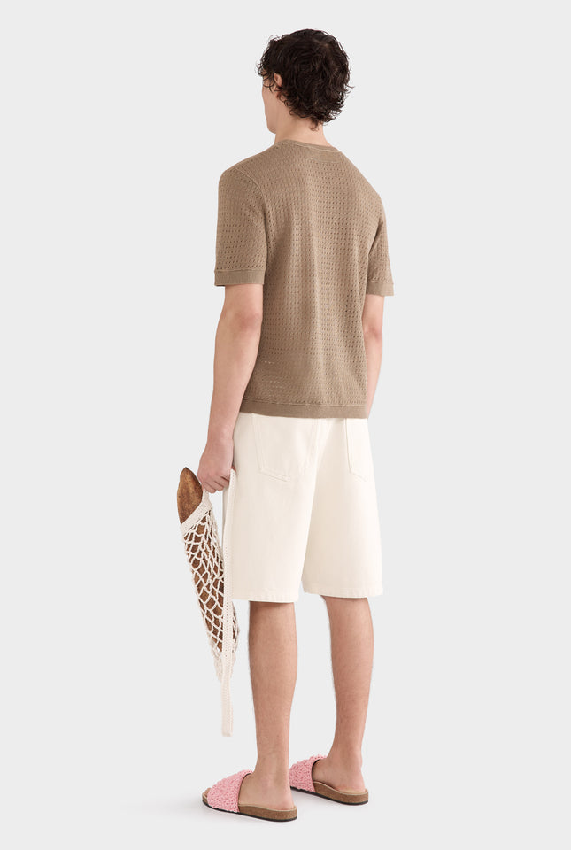 Linen Raw Edge Detail Knit T-Shirt - Sepia
