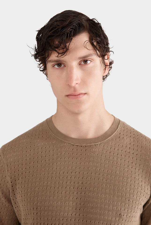 Linen Raw Edge Detail Knit T-Shirt - Sepia