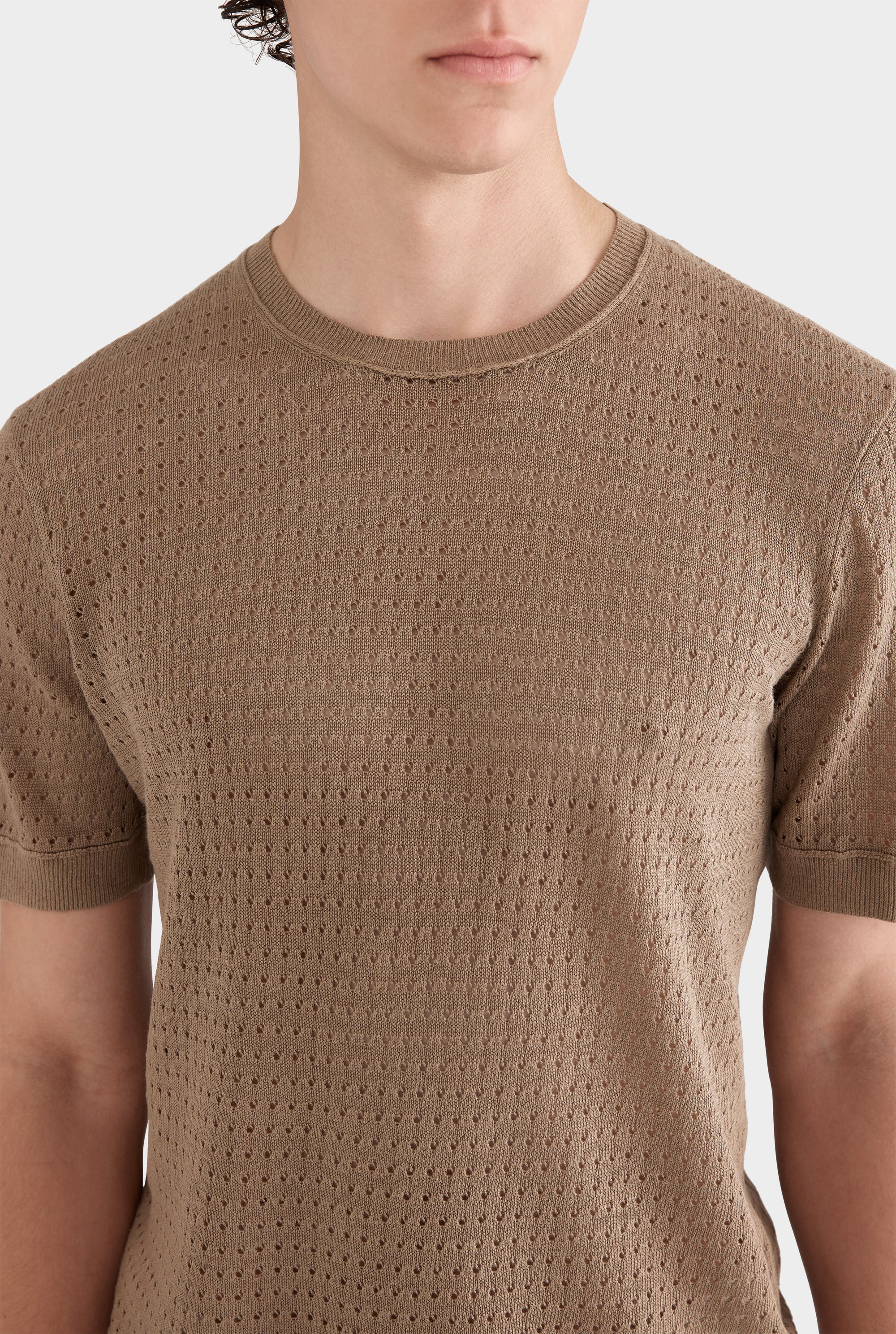 Linen Raw Edge Detail Knit T-Shirt - Sepia