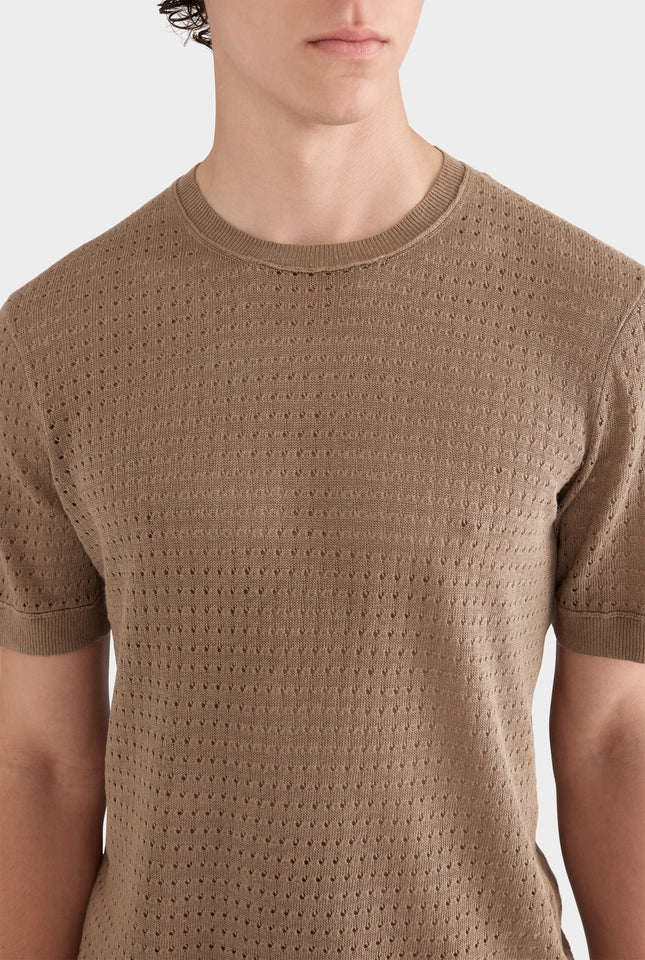 Linen Raw Edge Detail Knit T-Shirt - Sepia