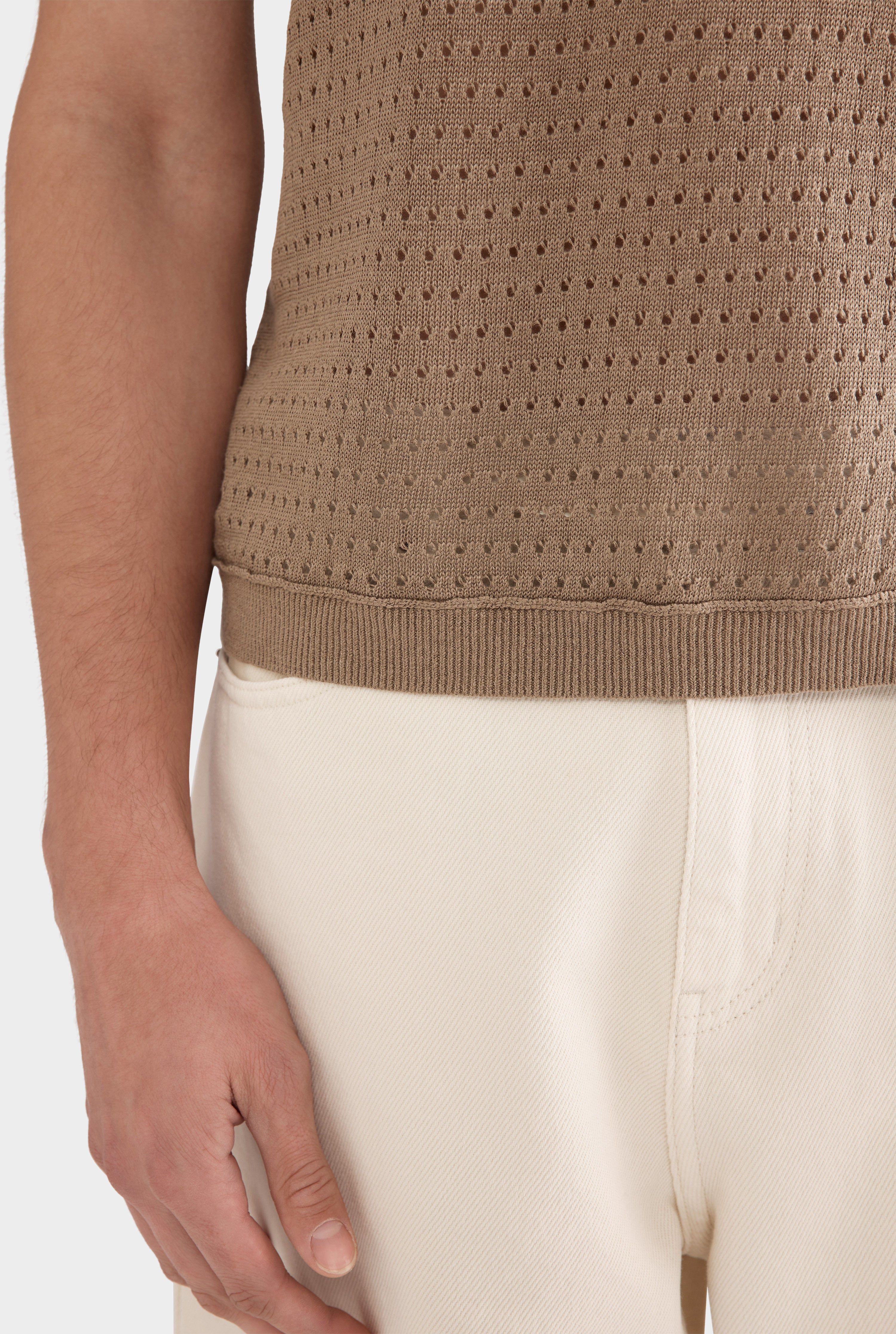 Linen Raw Edge Detail Knit T-Shirt - Sepia