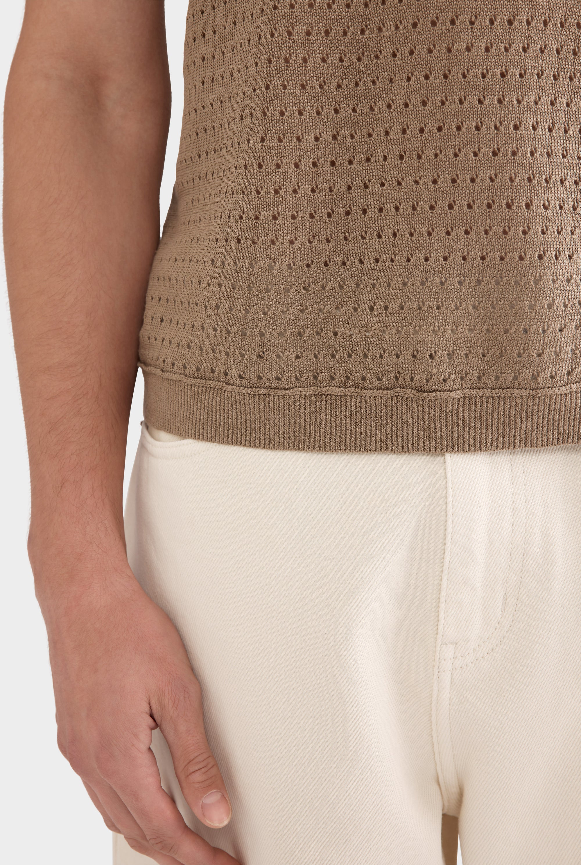 Linen Raw Edge Detail Knit T-Shirt - Sepia
