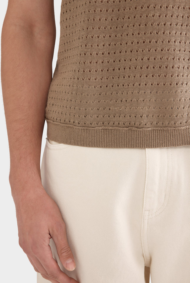 Linen Raw Edge Detail Knit T-Shirt - Sepia