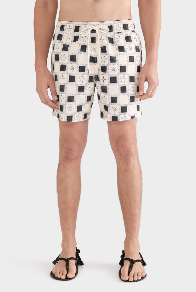 Printed Swim Short - Cream/Ink Tile Print