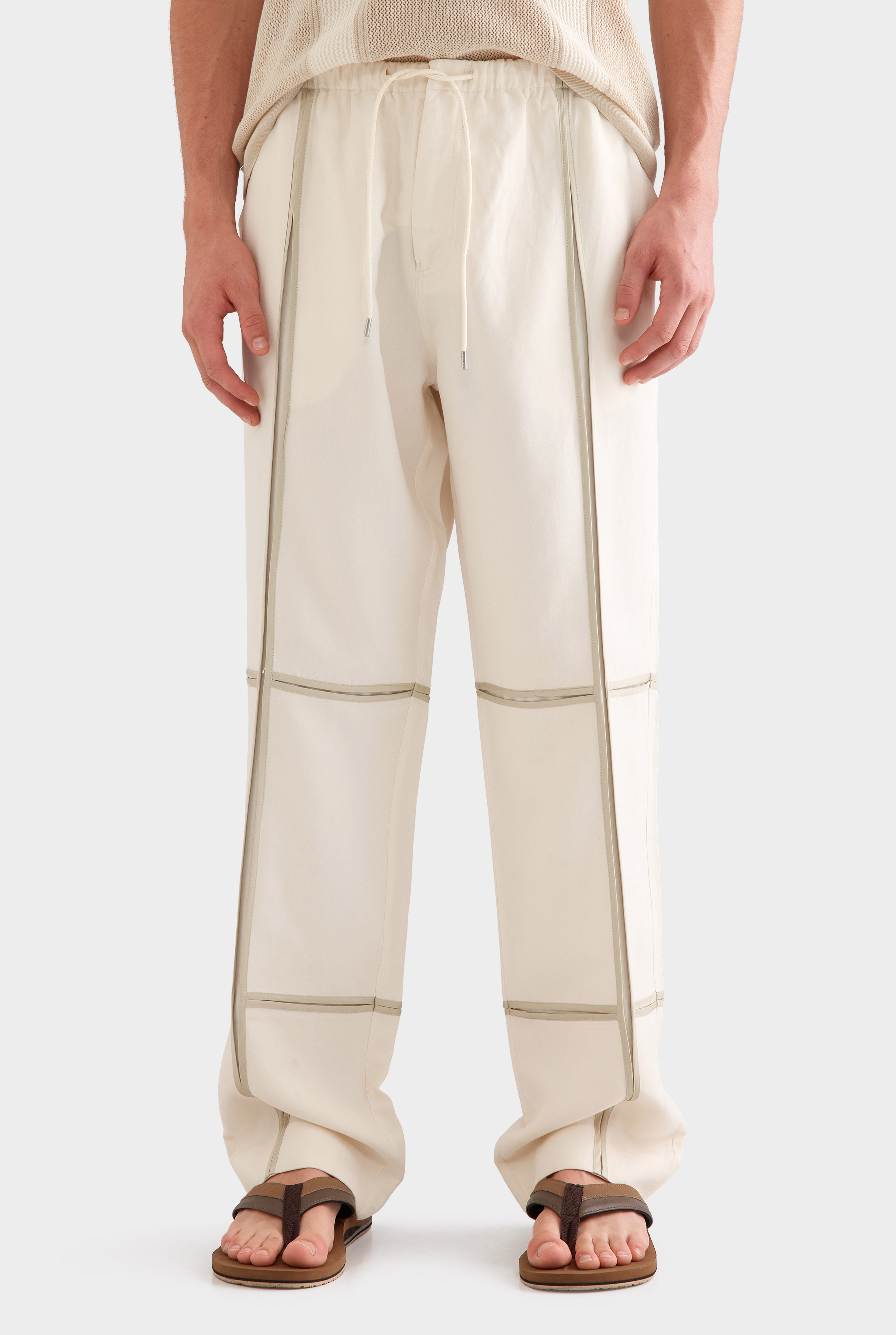 Silk Linen Contrast Bind Trouser -  Cream/Pistachio Shell