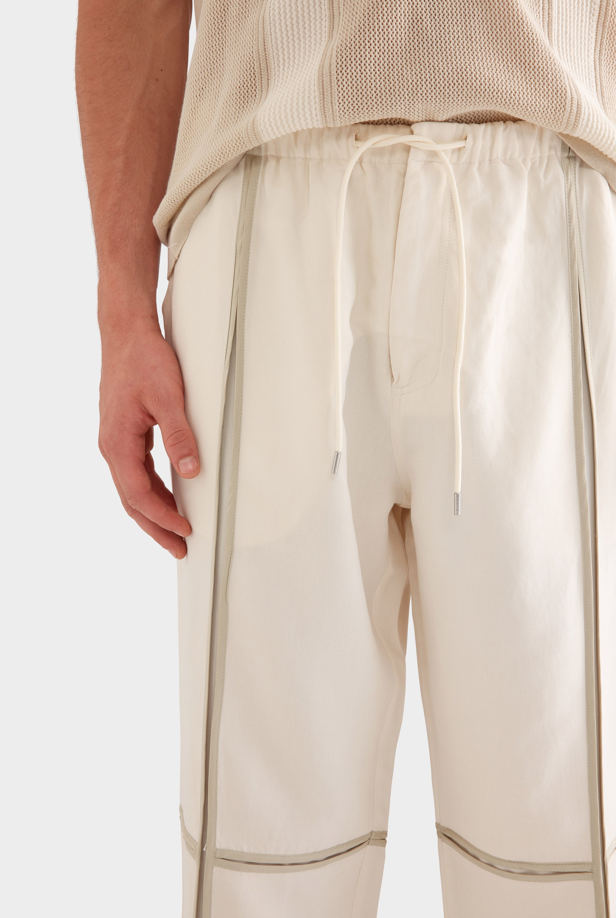 Silk Linen Contrast Bind Trouser -  Cream/Pistachio Shell