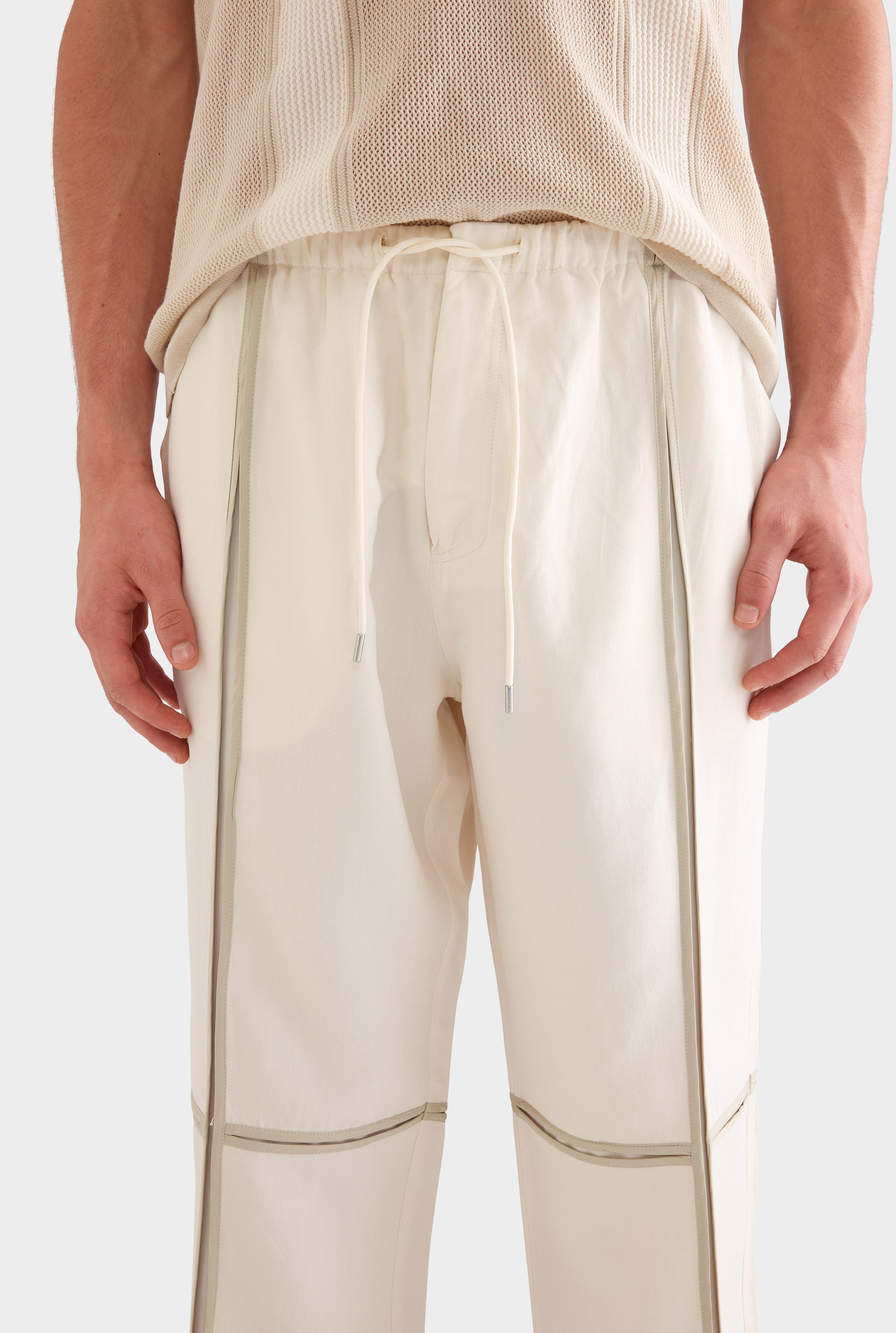 Silk Linen Contrast Bind Trouser -  Cream/Pistachio Shell