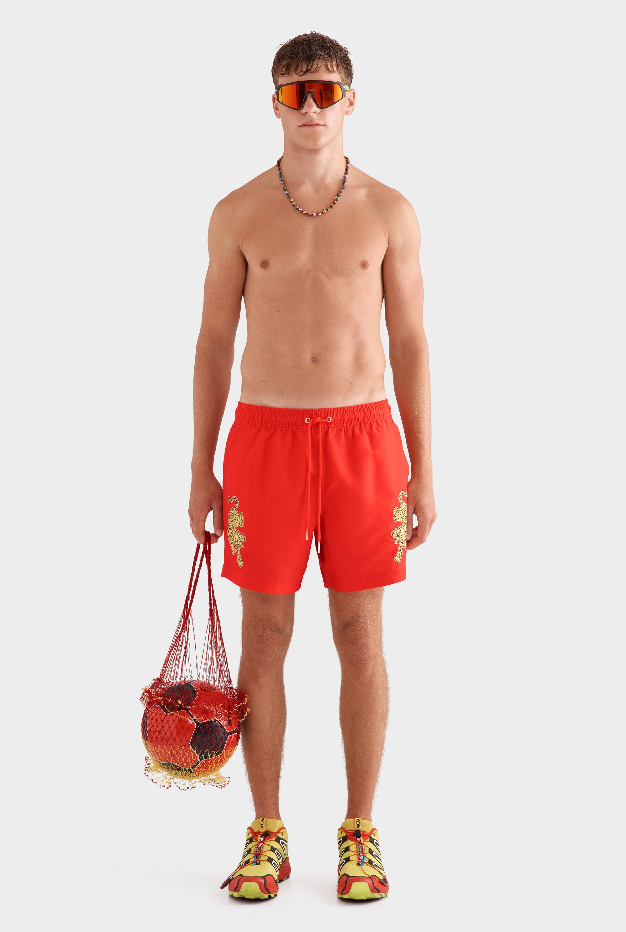 Printed Swim Short -  Bright Red/Jaguar Embroidery