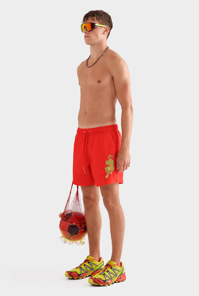 Printed Swim Short -  Bright Red/Jaguar Embroidery