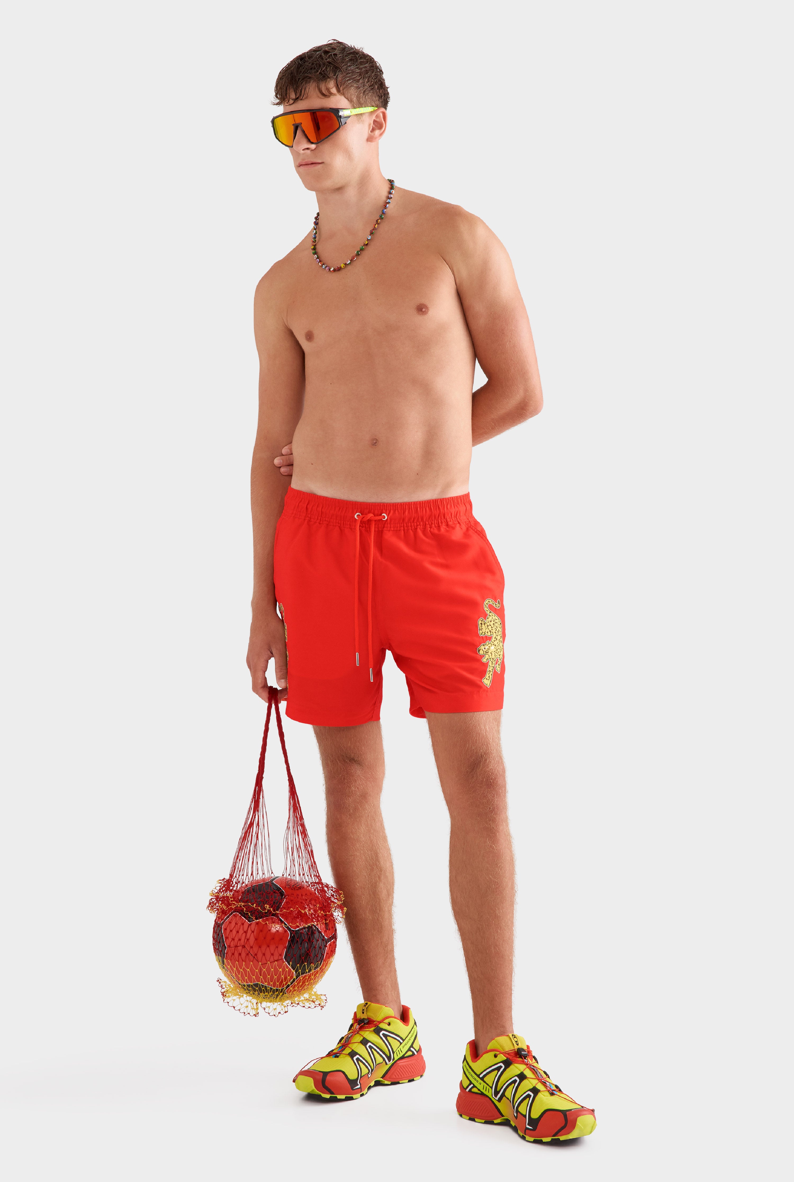 Printed Swim Short -  Bright Red/Jaguar Embroidery