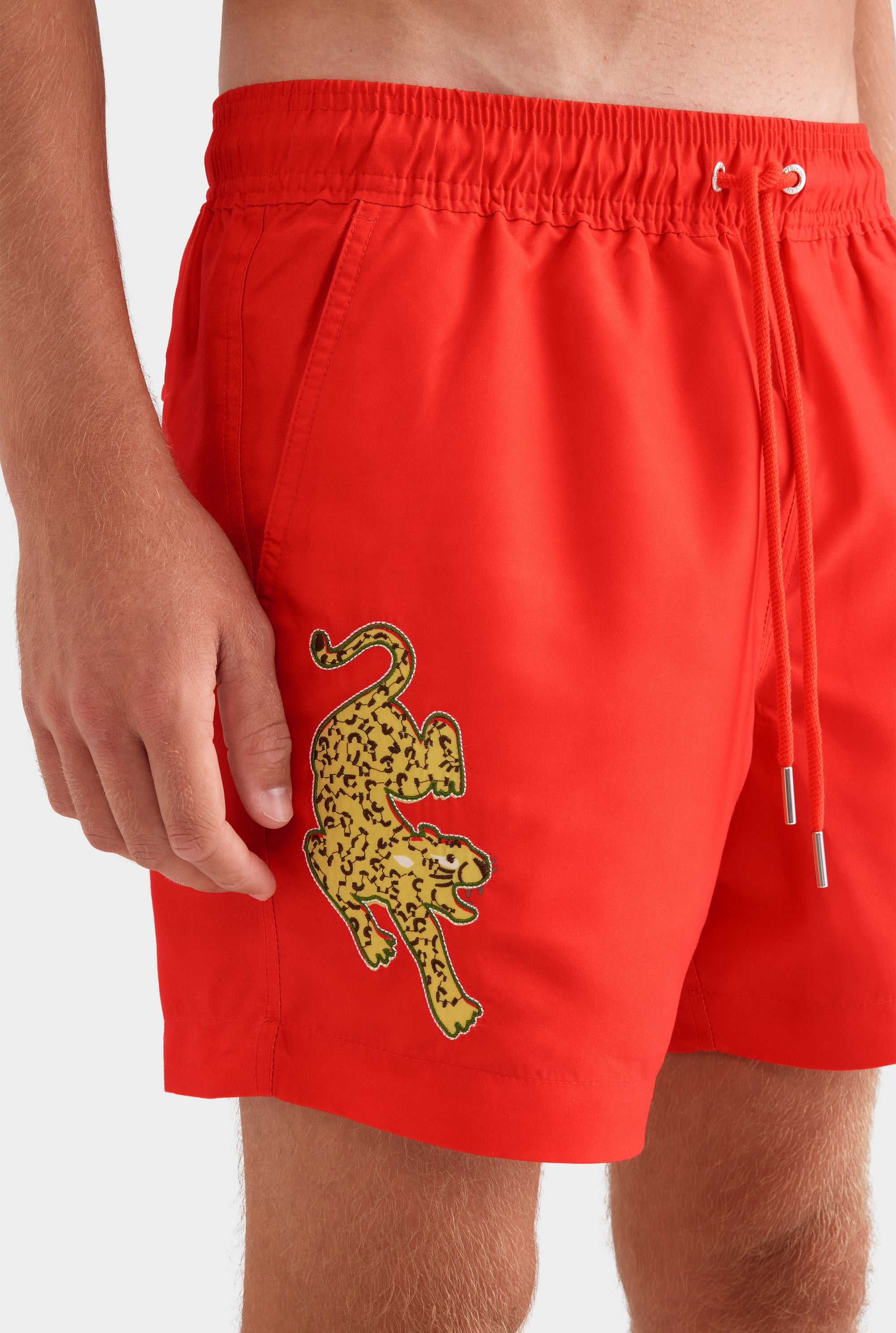 Printed Swim Short -  Bright Red/Jaguar Embroidery