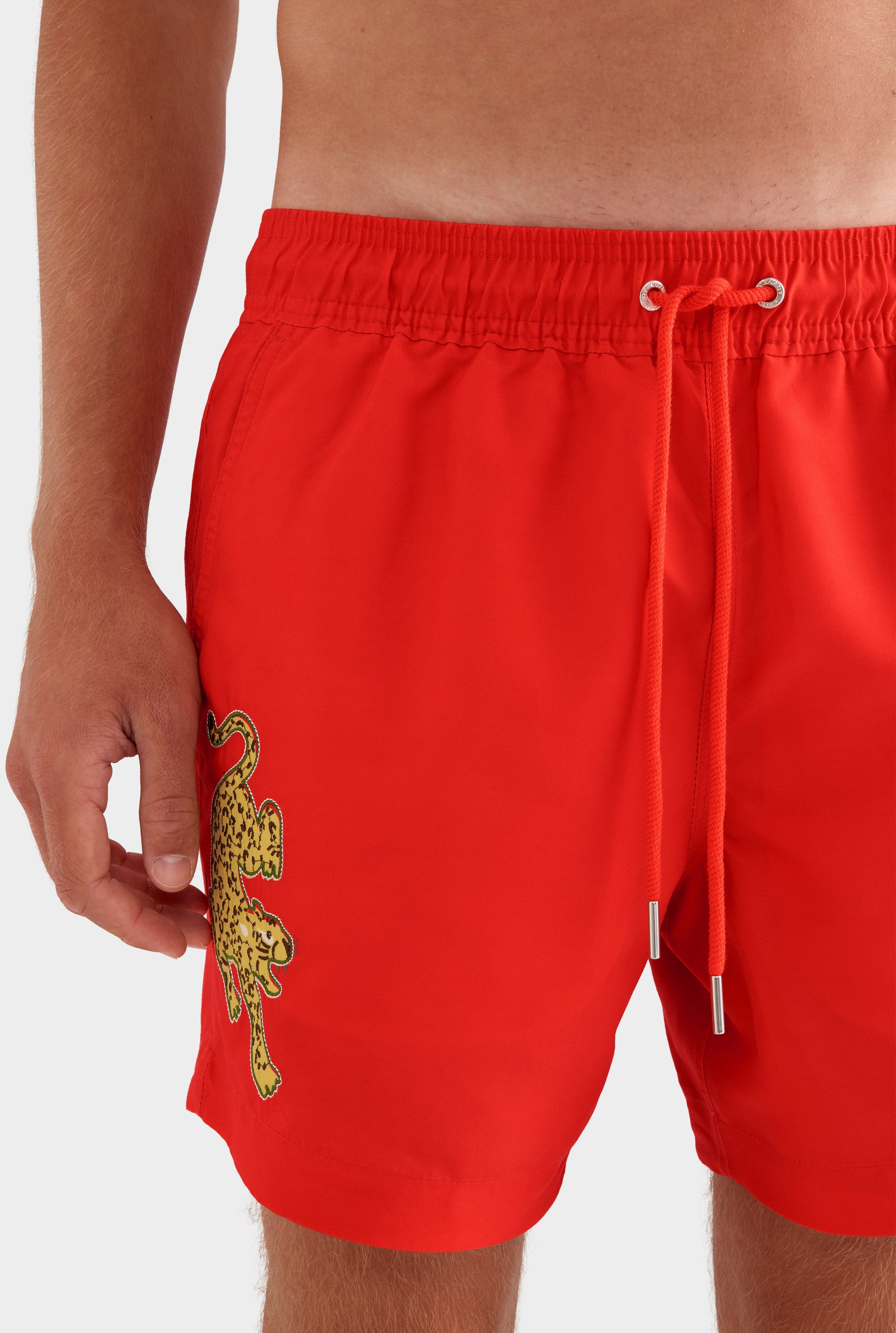 Printed Swim Short -  Bright Red/Jaguar Embroidery