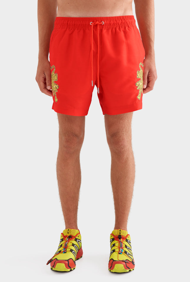 Printed Swim Short -  Bright Red/Jaguar Embroidery