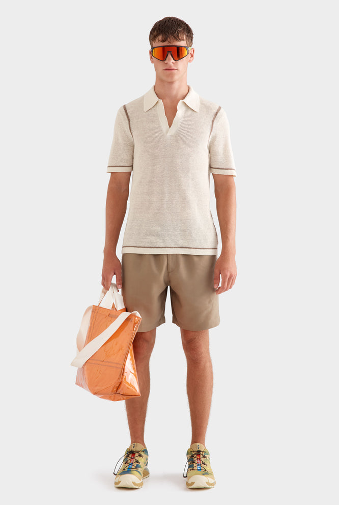 Rib Knit Open Neck Polo - Off White