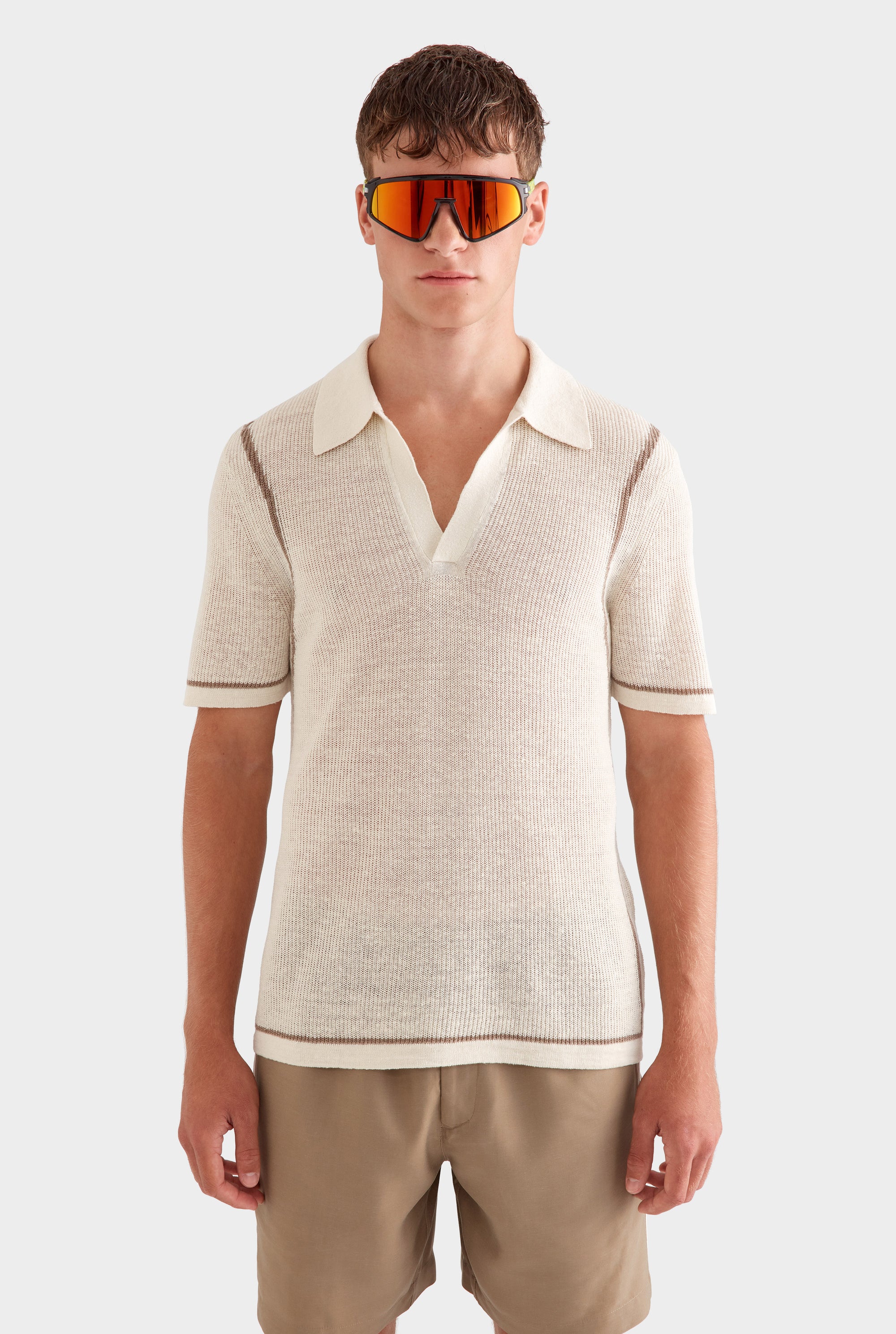 Rib Knit Open Neck Polo -  Cream/Pebble