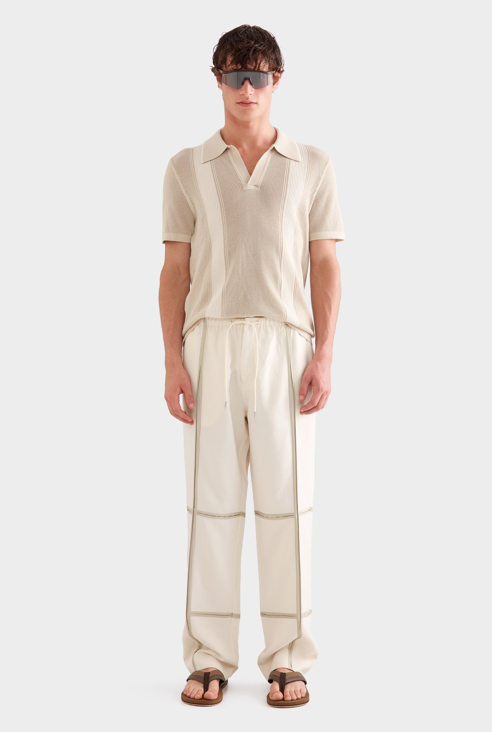 Silk Linen Contrast Bind Trouser -  Cream/Pistachio Shell