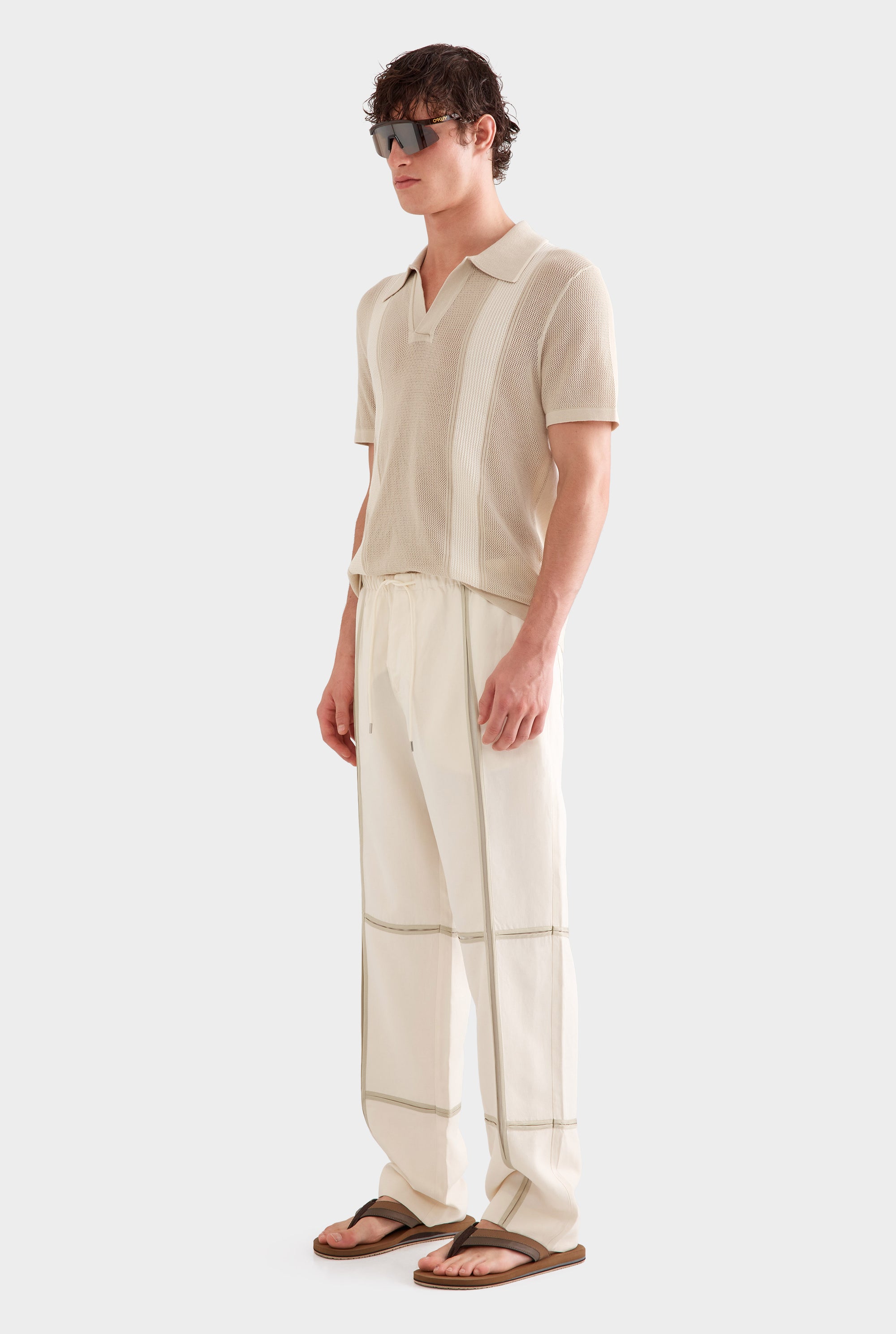 Silk Linen Contrast Bind Trouser -  Cream/Pistachio Shell