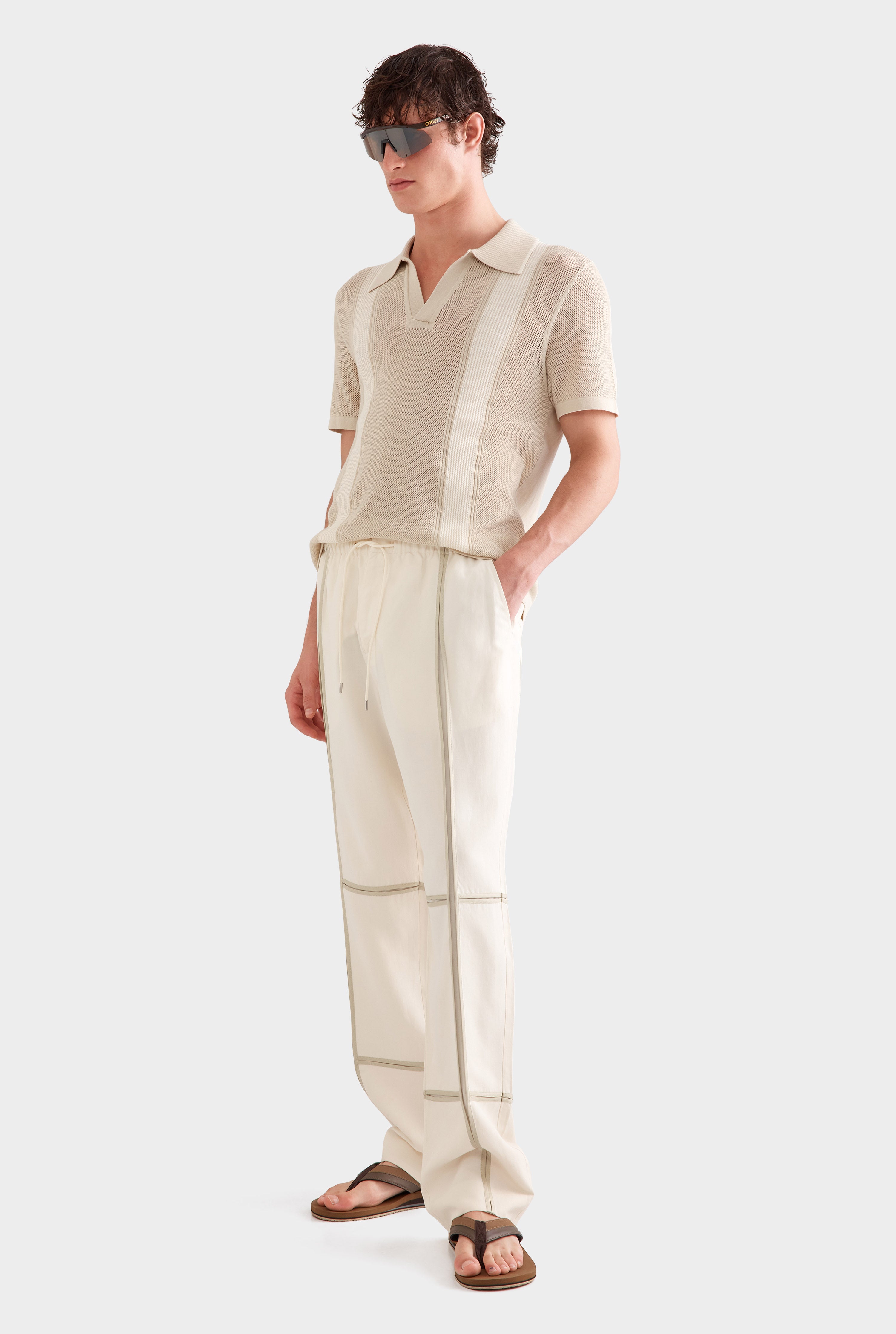 Silk Linen Contrast Bind Trouser -  Cream/Pistachio Shell