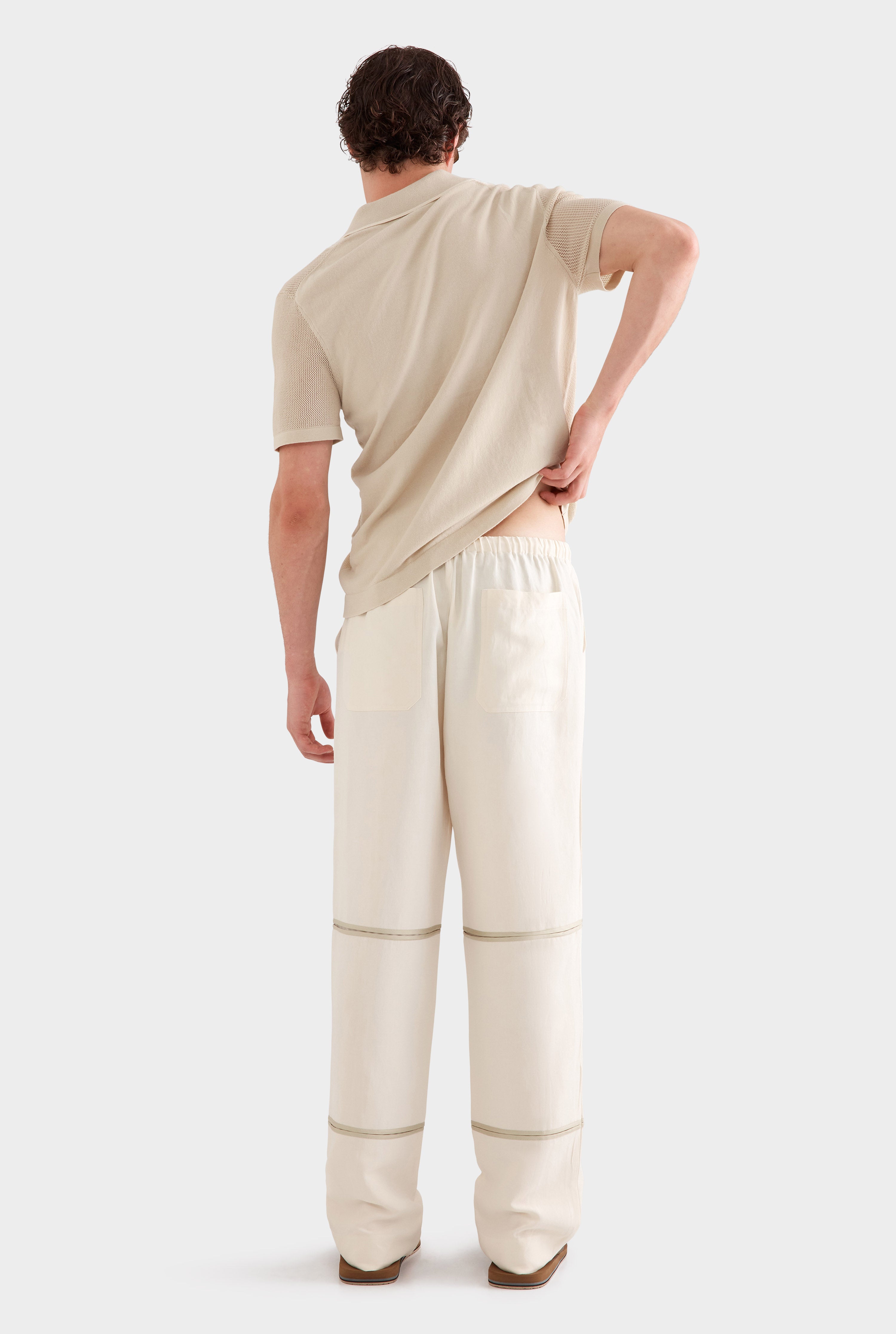 Silk Linen Contrast Bind Trouser -  Cream/Pistachio Shell