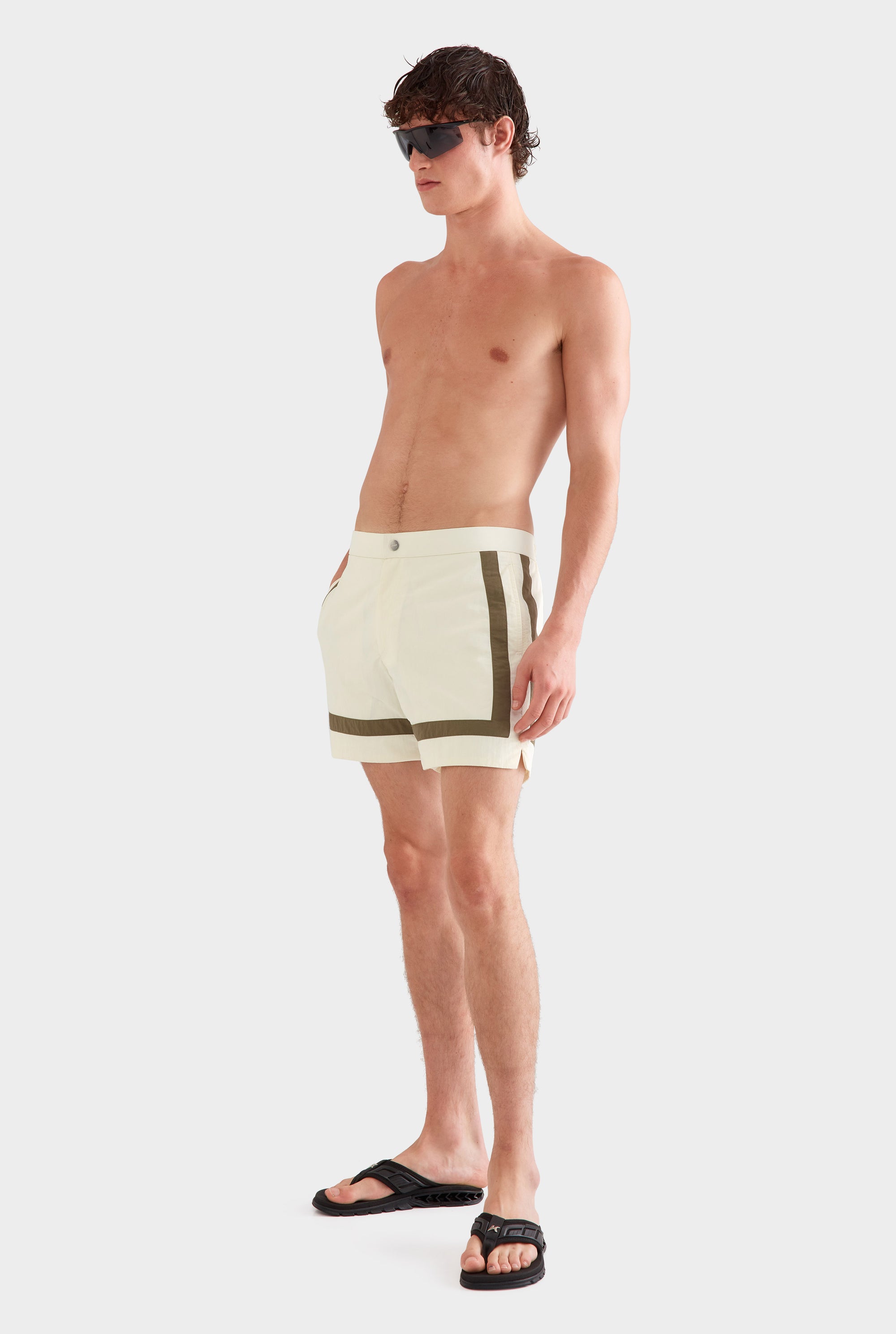 Snaplock Panelled Border Swim Short -  Cream/Olive