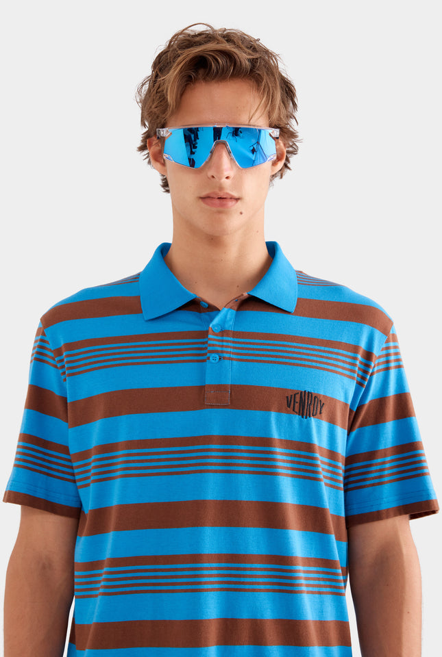 Short Sleeve Striped Cotton Polo - Bright Blue/Chocolate Stripe