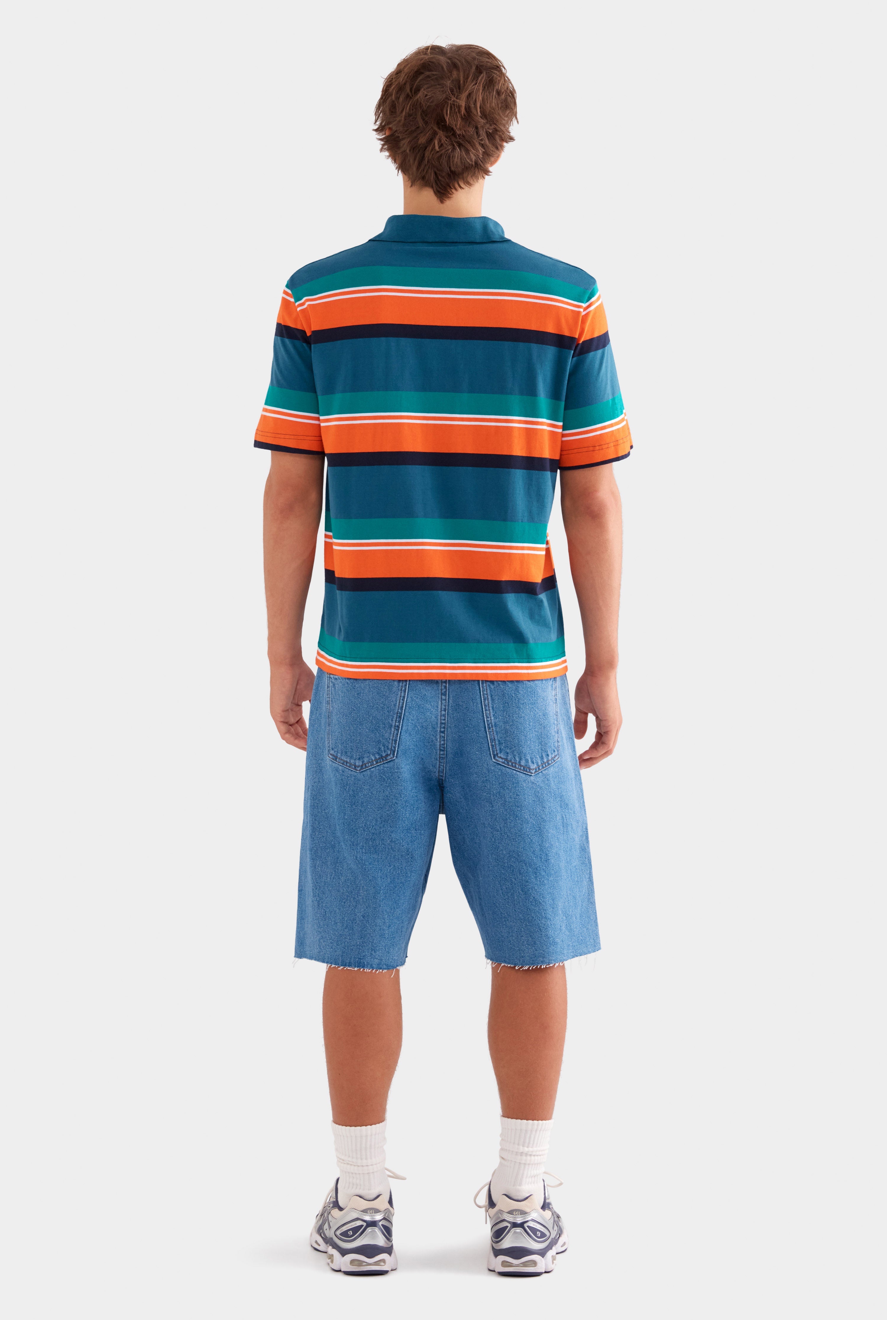 Short Sleeve Striped Cotton Polo - Deep Teal/Bright Orange Stripe