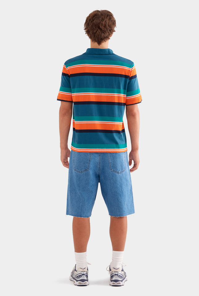 Short Sleeve Striped Cotton Polo - Deep Teal/Bright Orange Stripe
