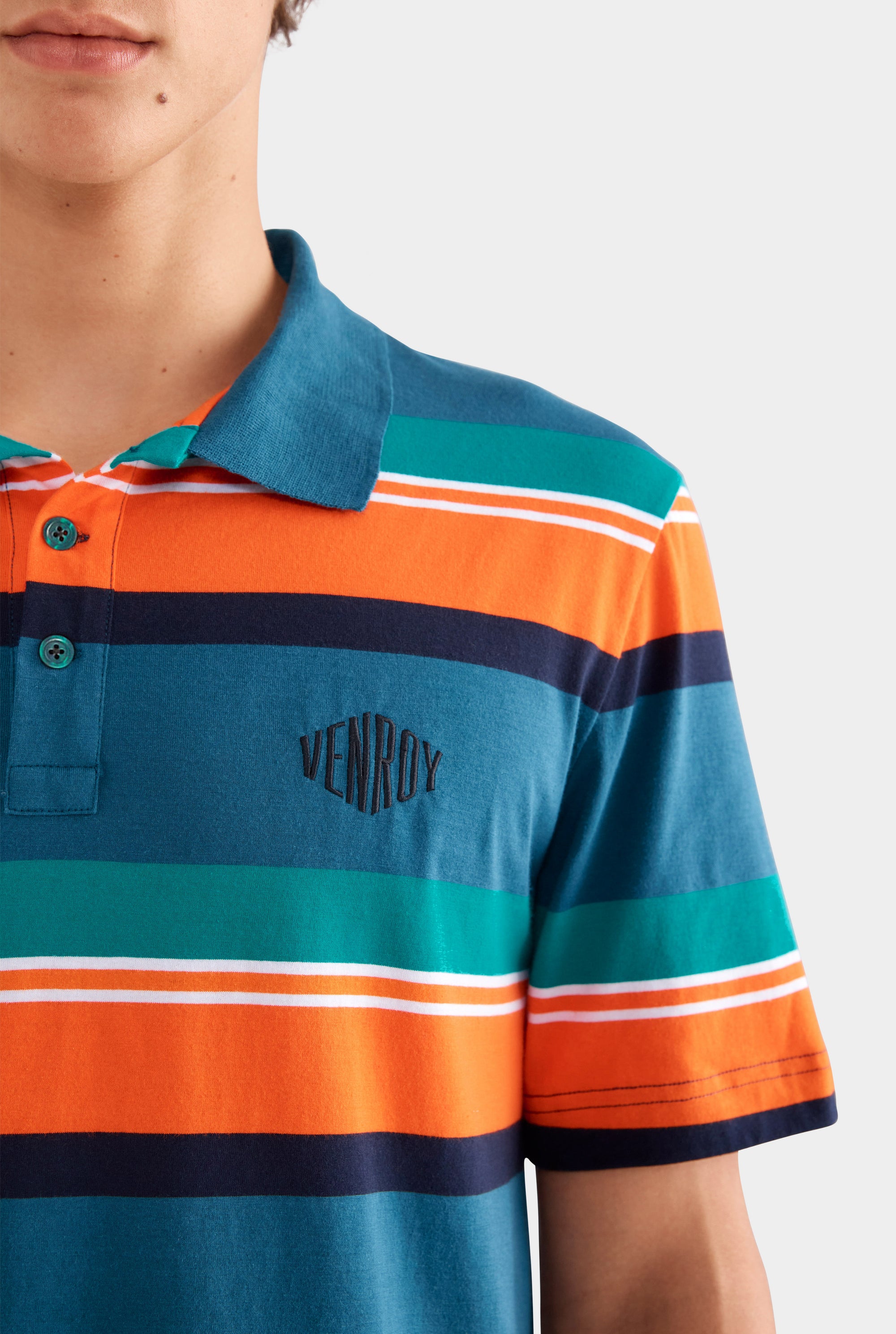 Short Sleeve Striped Cotton Polo - Deep Teal/Bright Orange Stripe