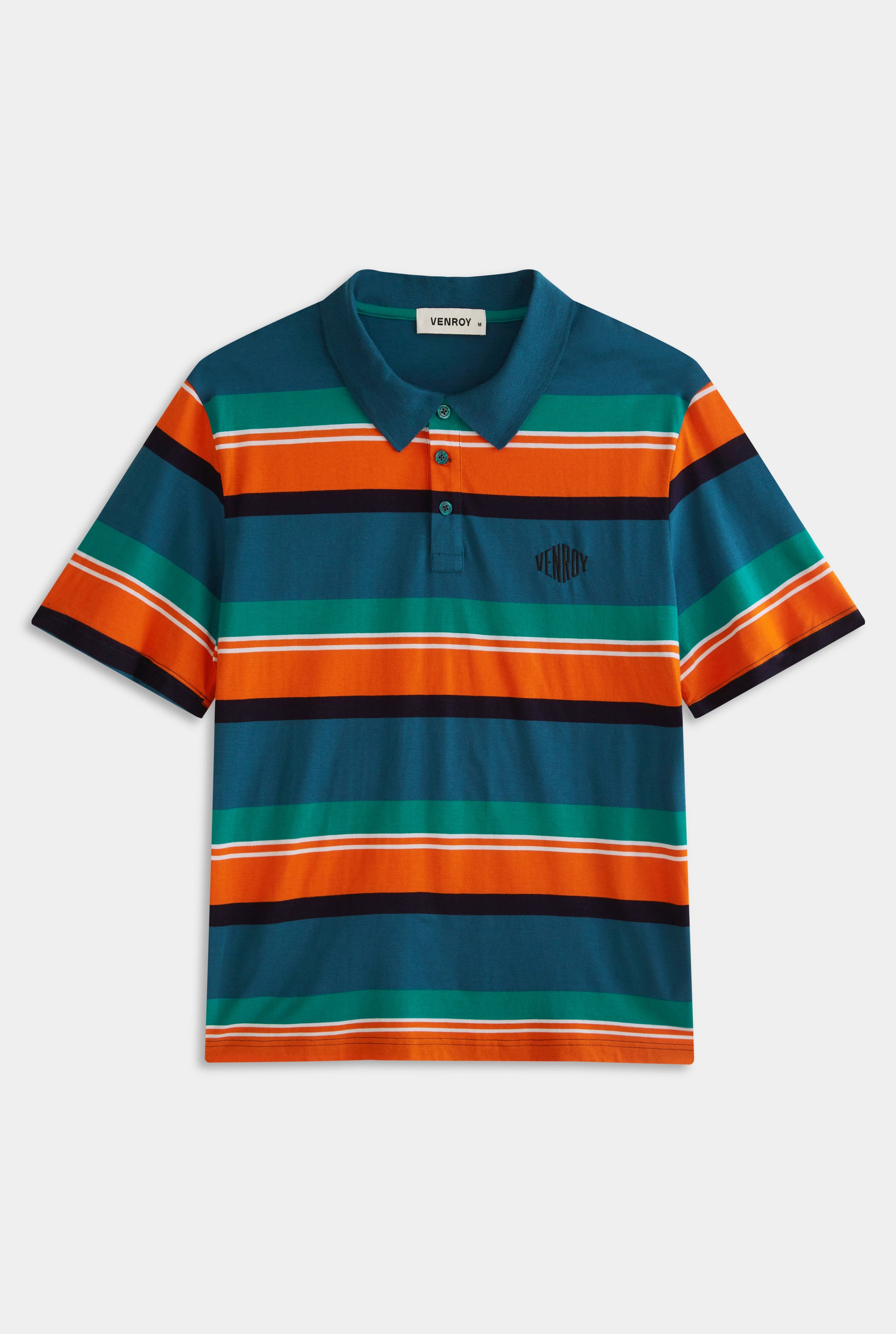 Short Sleeve Striped Cotton Polo - Deep Teal/Bright Orange Stripe