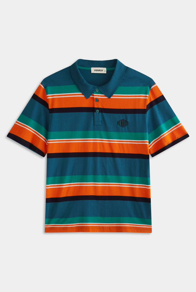 Short Sleeve Striped Cotton Polo - Deep Teal/Bright Orange Stripe