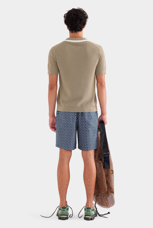 Stripe Collar Cotton Knit Open Neck Polo - Latte/Cream
