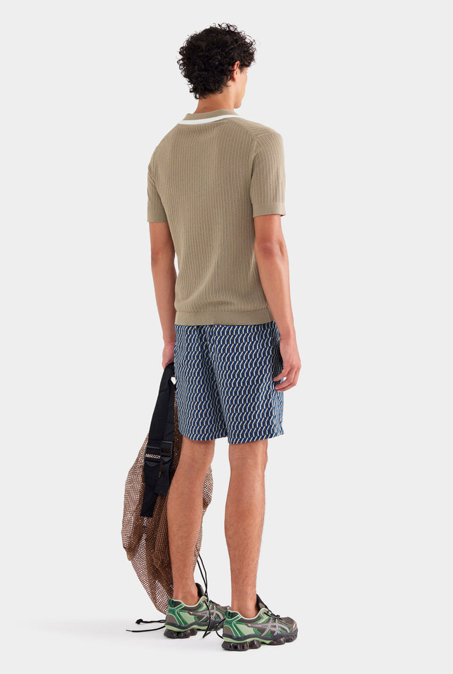 Stripe Collar Cotton Knit Open Neck Polo - Latte/Cream
