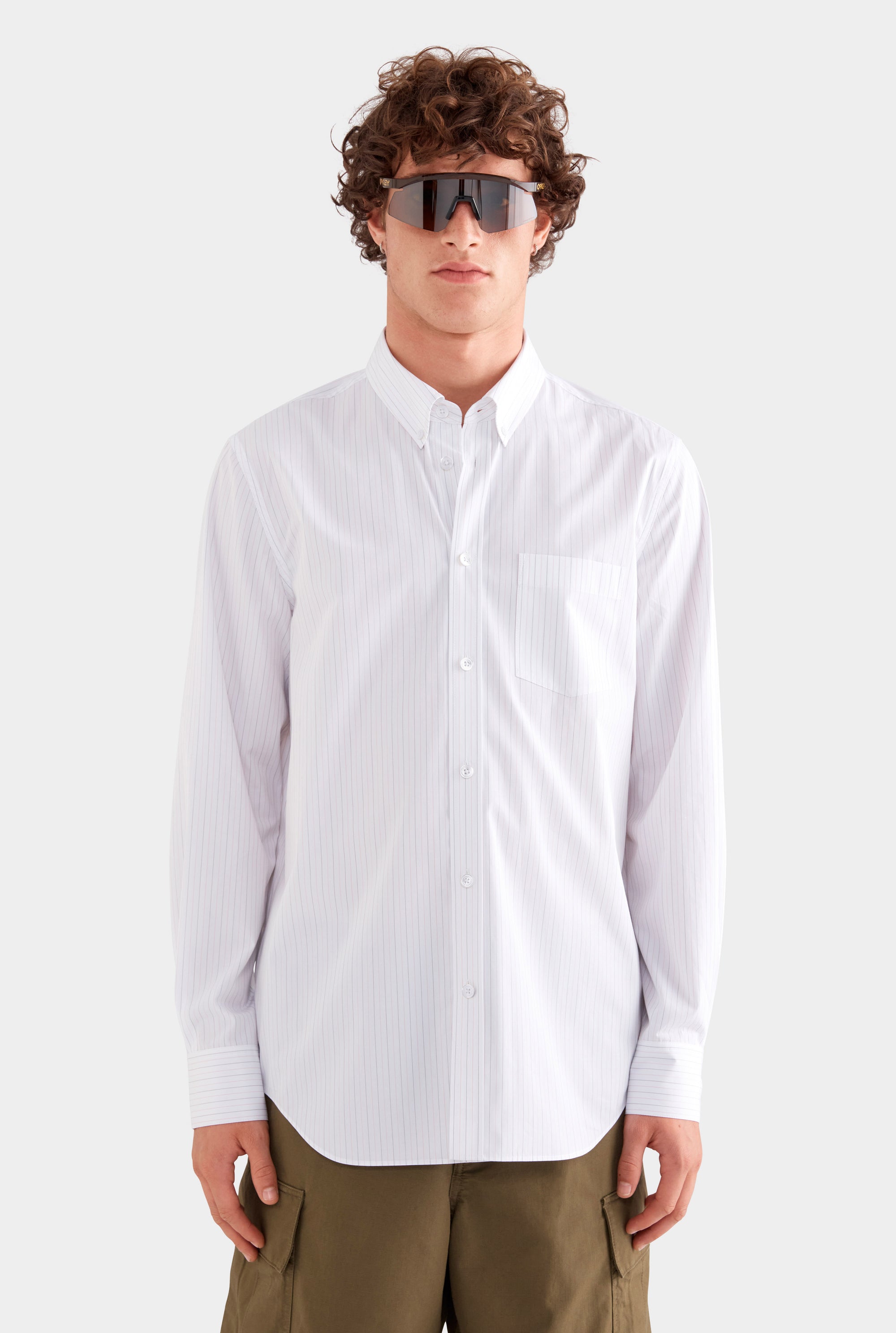 Striped Classic Cotton Shirt - Off White/Sage/Peach Pinstripe
