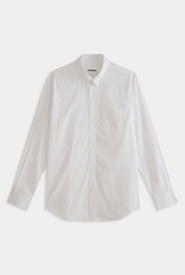 Striped Classic Cotton Shirt - Off White/Sage/Peach Pinstripe