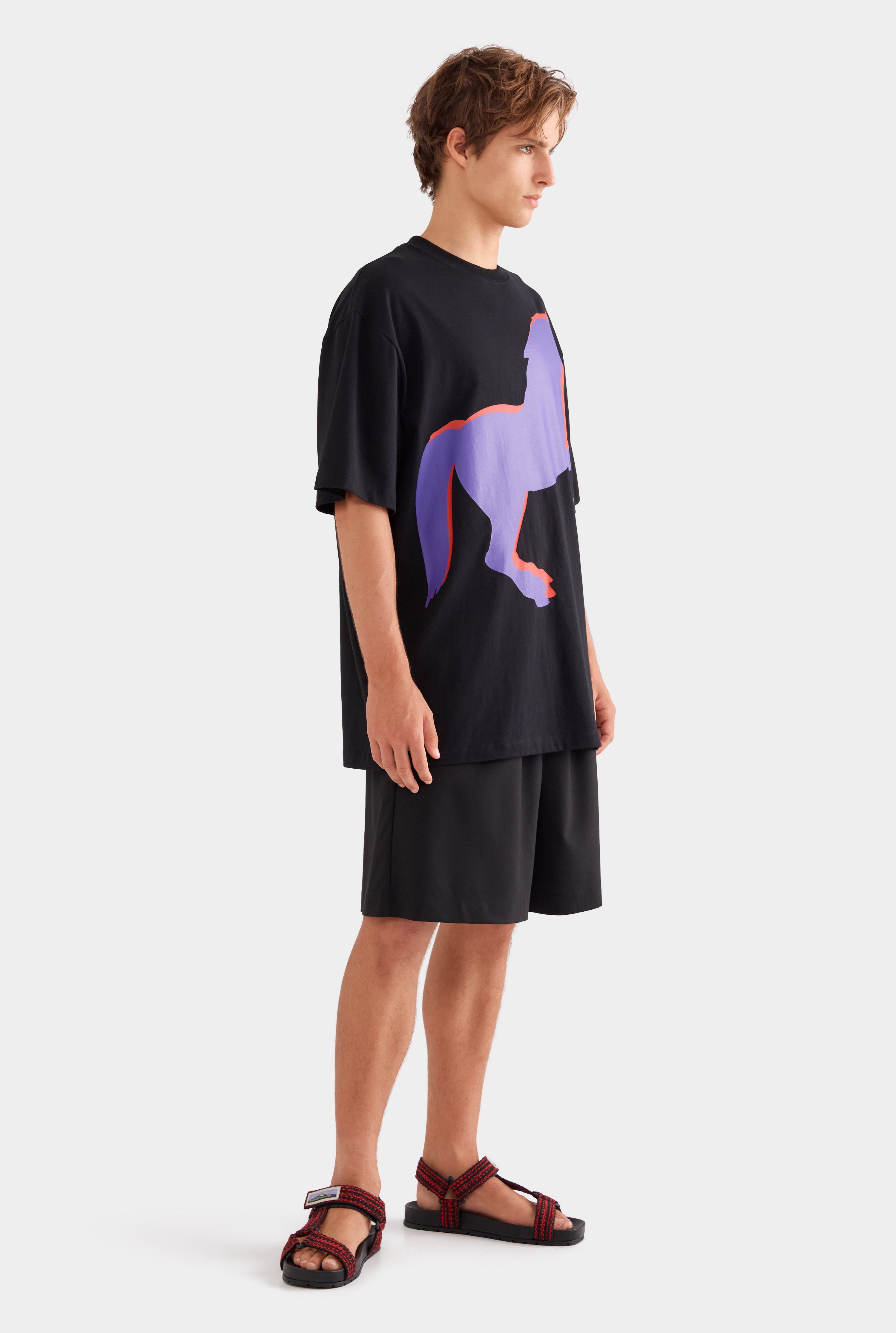 Supersized Cotton T Shirt - Black/Horse Stamp