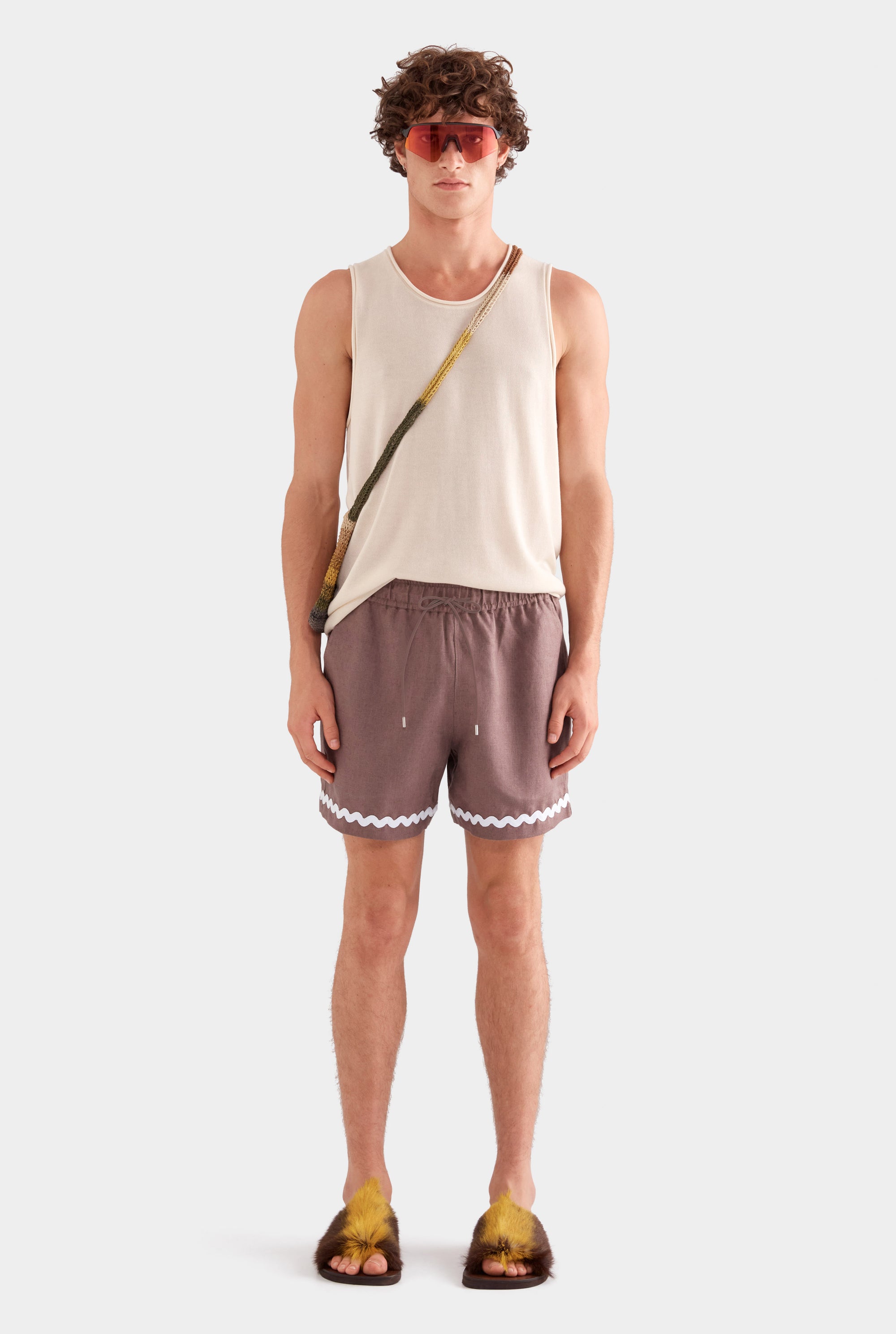 Trim Detail Linen Lounge Short - Iron/White