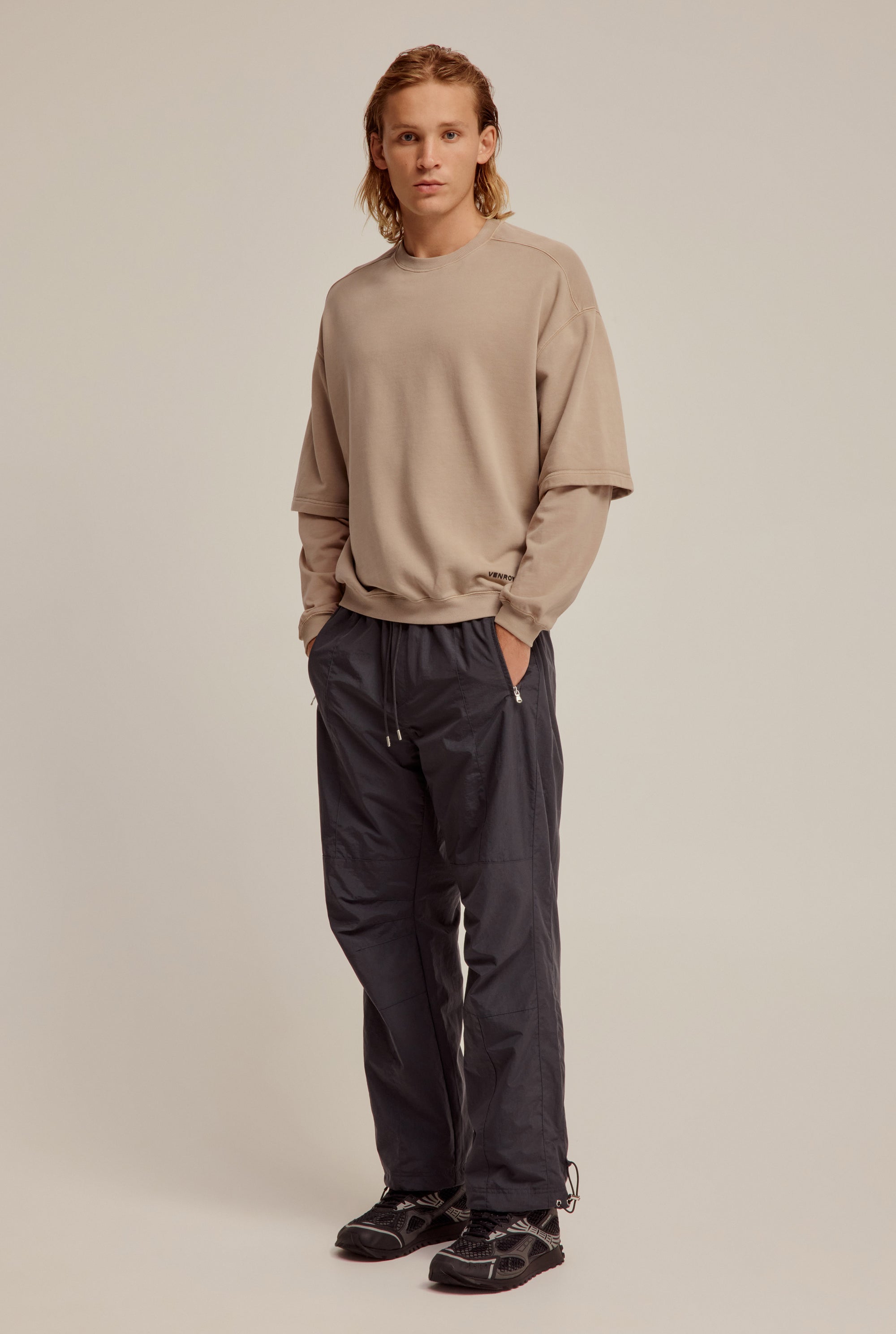 Pigment Dyed Double Sleeve Track Sweater - Walnut