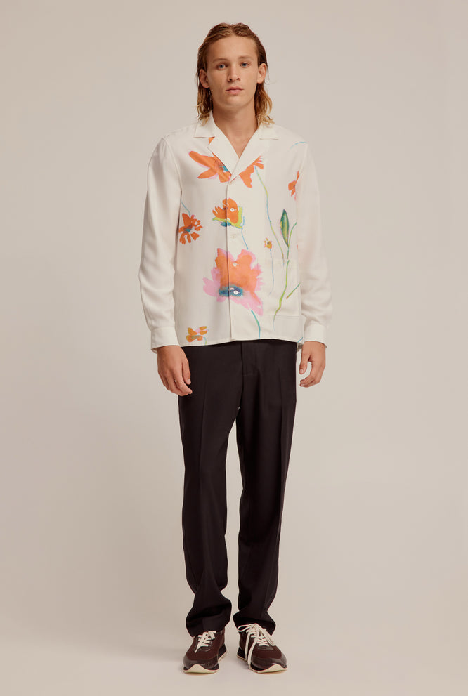 Printed Long Sleeve Double Breasted Shirt - Cream Ikebana Floral