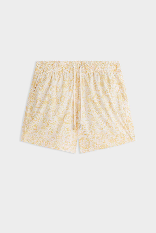 Printed Swim Short - Off White Grecian Coins