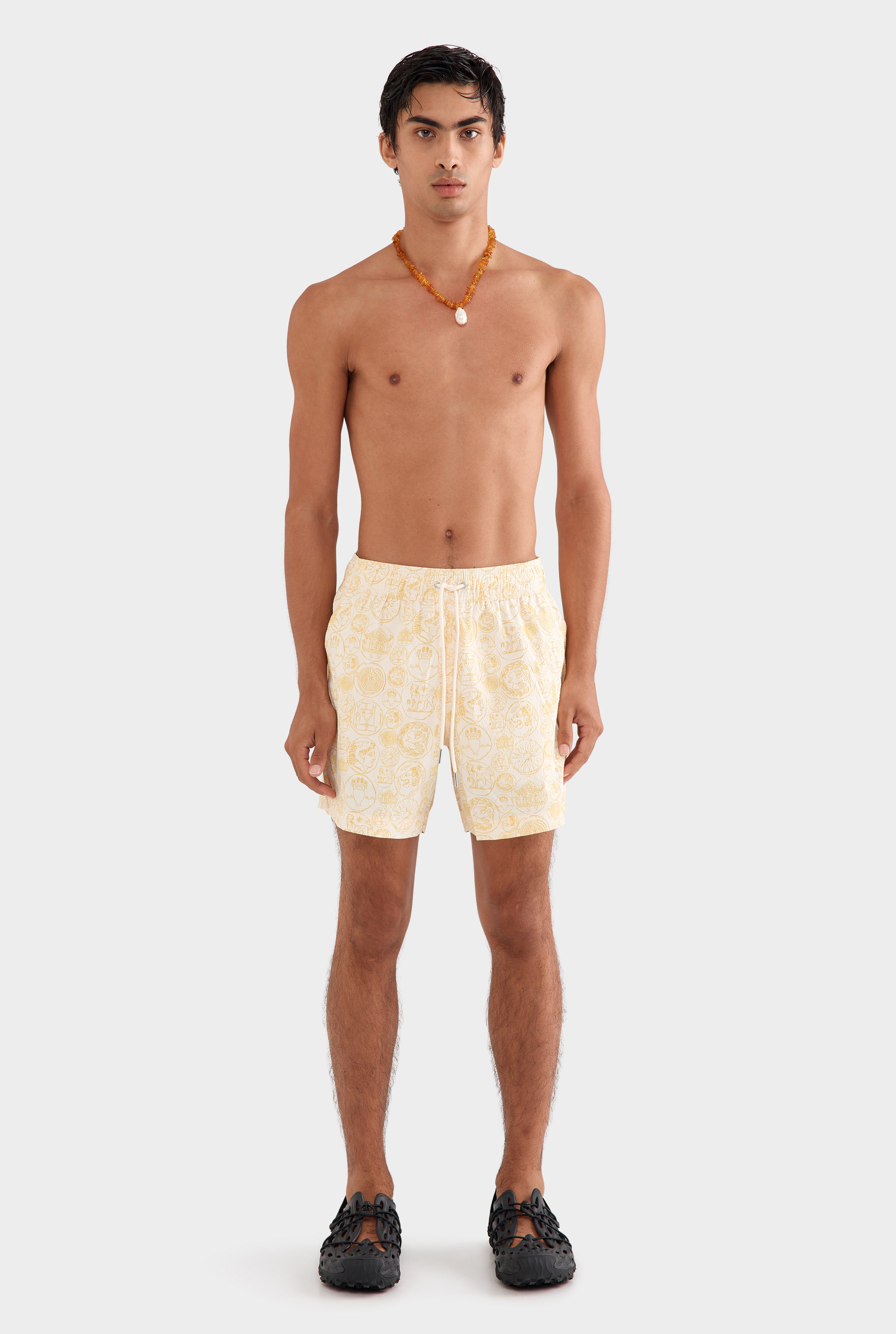 Printed Swim Short - Off White Grecian Coins