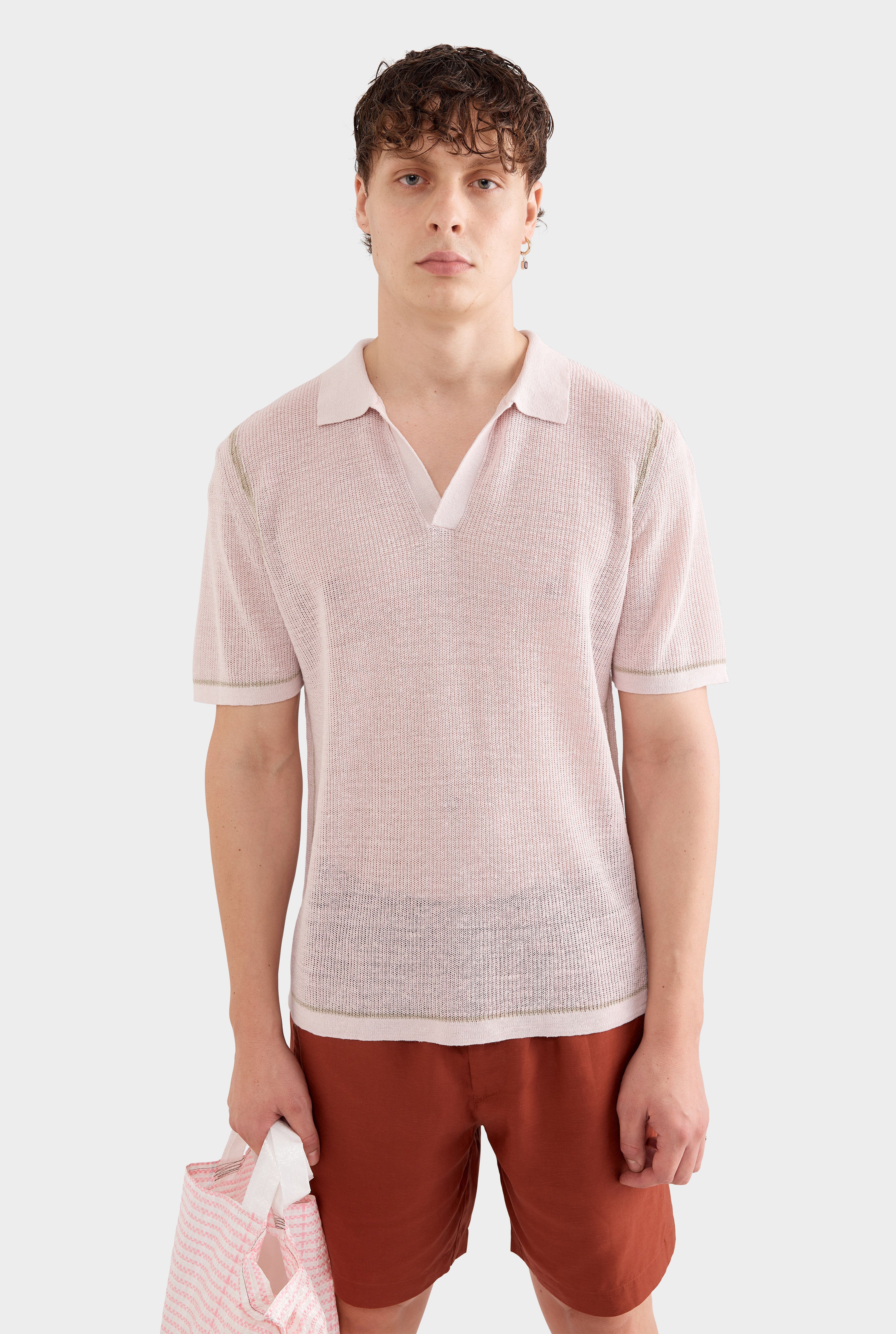 Rib Knit Open Neck Polo - Grey Lilac/Taupe