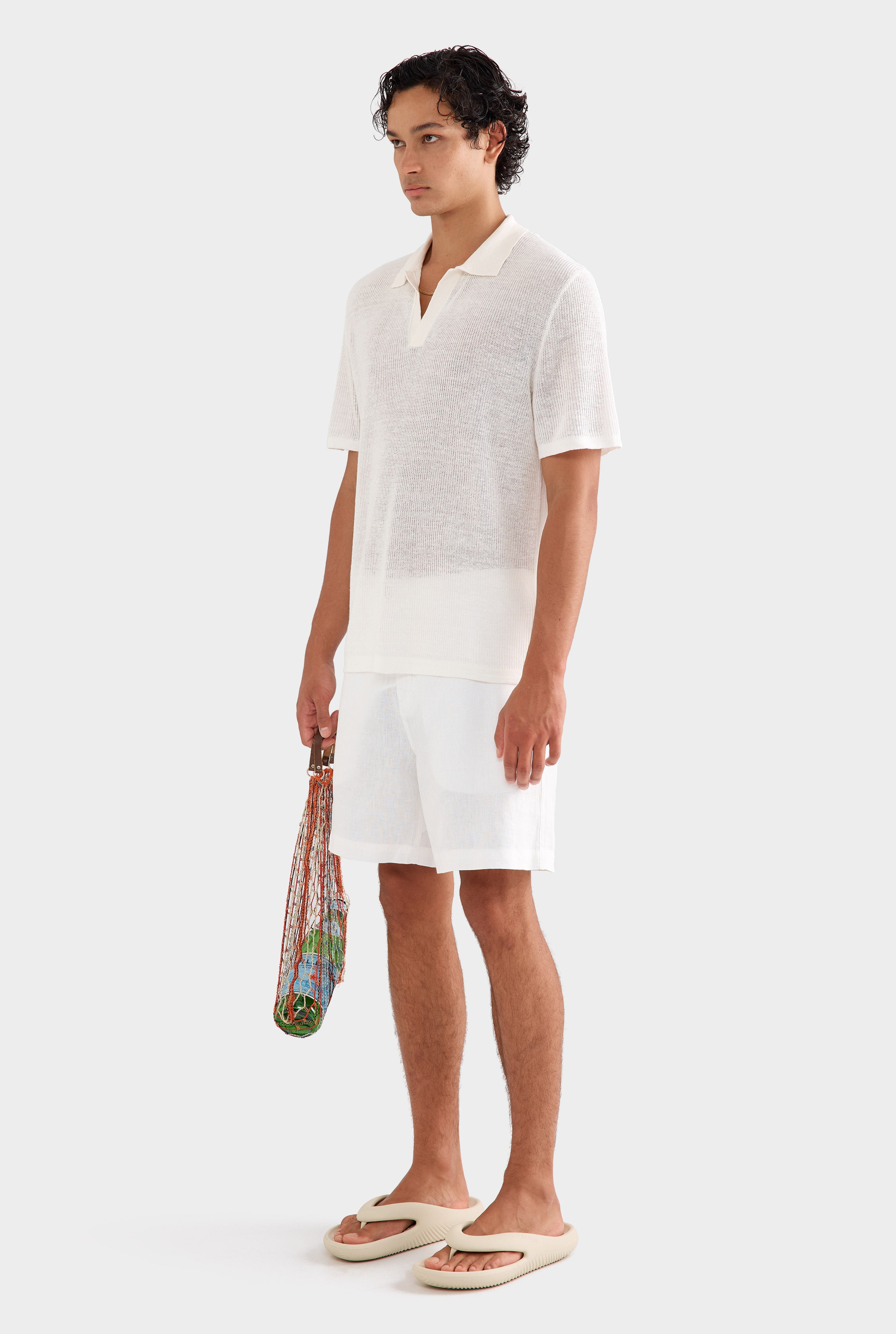 Rib Knit Open Neck Polo - Off White